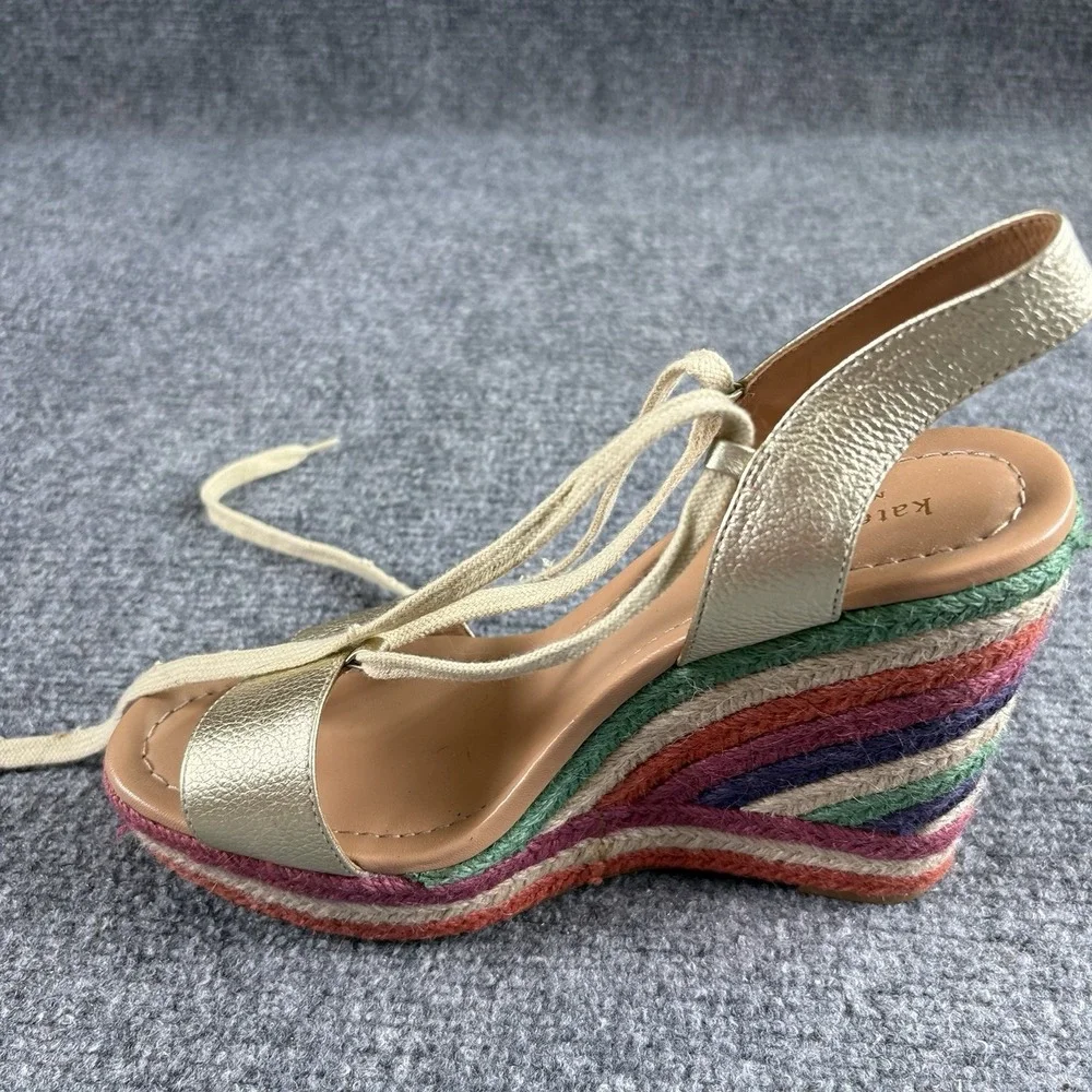 Kate Spade Gold Espadrille Wedge Sandals Women's 9M Lace Up Rainbow Boho 5